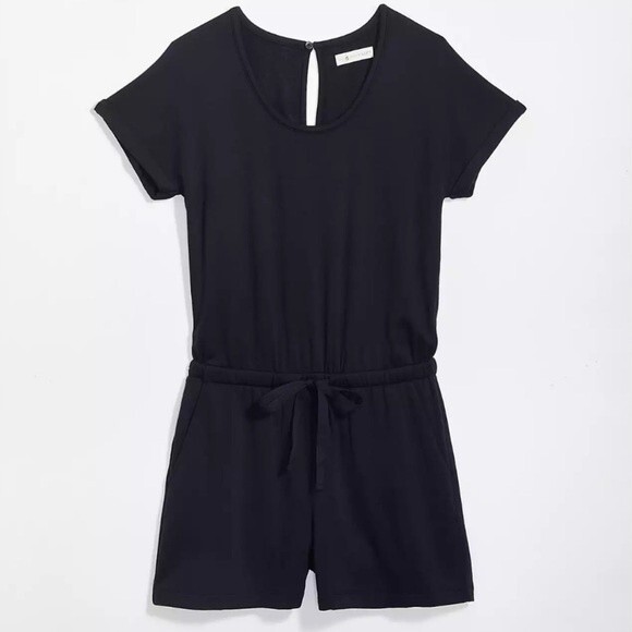 NWT Lou & Grey Signaturesoft Scoop Neck Cap Sleeve Romper in Black, Size XS - Picture 1 of 15